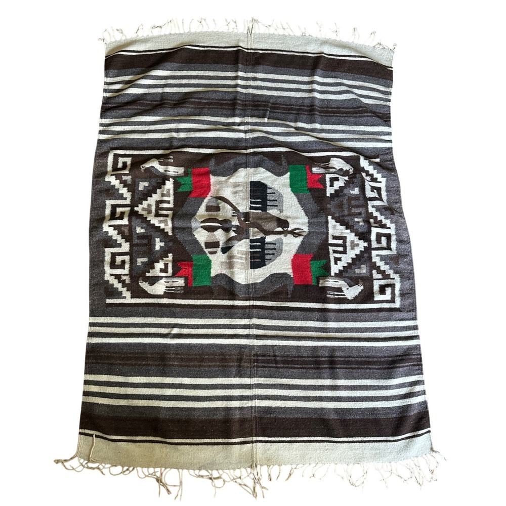 Vtg 70s Hand Woven Wool Mexican Saltillo Serape Blanket/Rug Eagle Rug 72x55